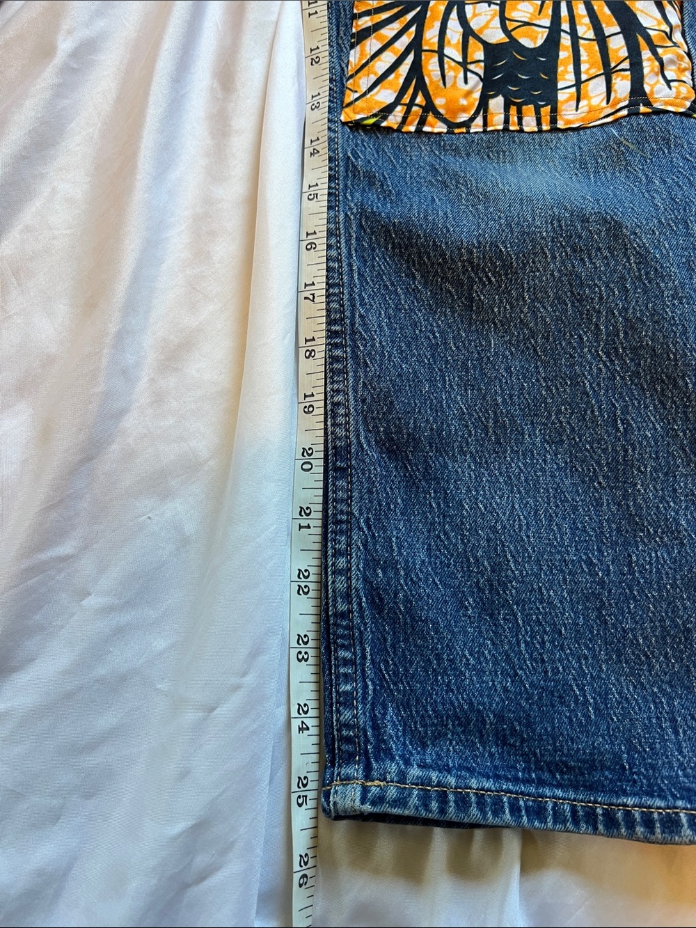 Upcycled BohoEmbroidered Sun & Patchwork Dark Blue Denim Jeans - Picture 10 of 12